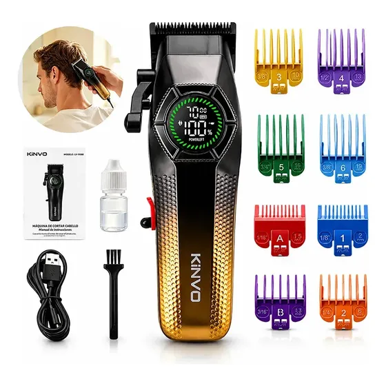 Máquina de Cortar Cabelo Profissional Elétrica KiNVO Recarregável Sem Fio Com Tela Digital