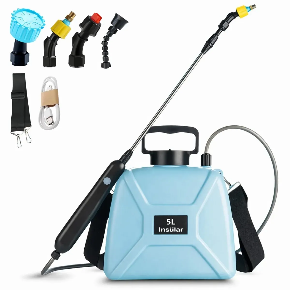 Pulverizador Elétrico Borrifador 5 Litros Bateria Longa Duração Profissional Agricola Jardinagem Horta Alça de Mão Ombro + 4 Bicos Ponteiras + Carregador Cor Azul Claro