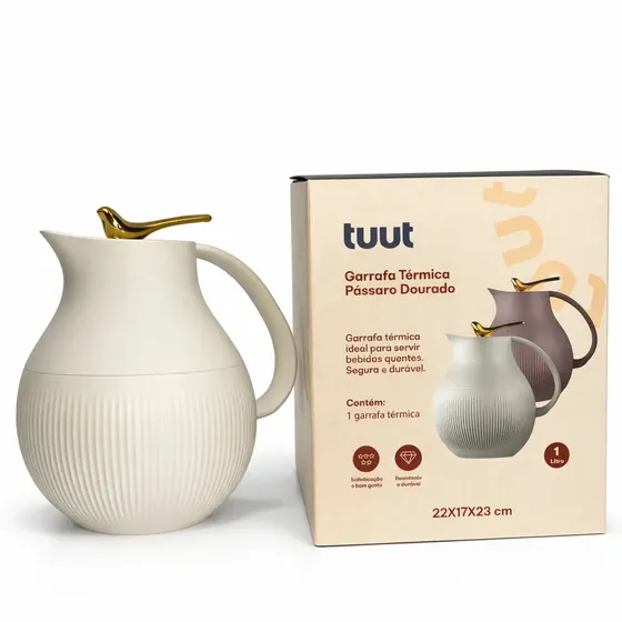 Garrafa Térmica De Café E Chá Pássaro Dourado Branca Luxo 1L Click - Tuut + Book
