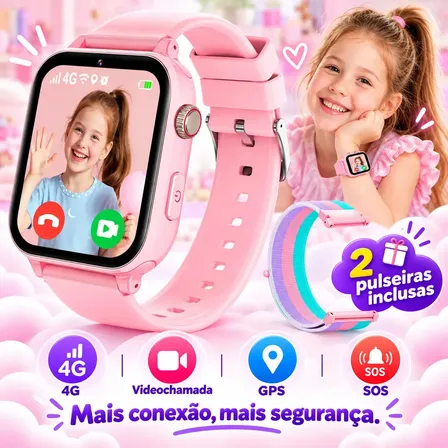 Smartwatch Infantil 4g Gps Videochamada Sos Cuco Blue A22 Rosa Compatível Com Nano Sim Wi-fi Câmera Localização 2 Pulseiras Mesh