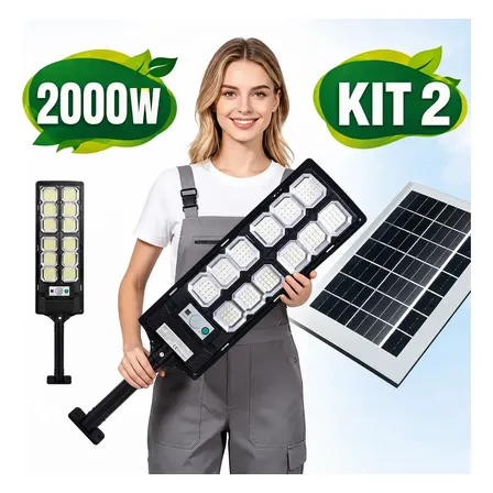 Kit 2 Refletor Led 2000w Com Sensor Luminaria Solar Externa Potente 36v Preto Branco-frio