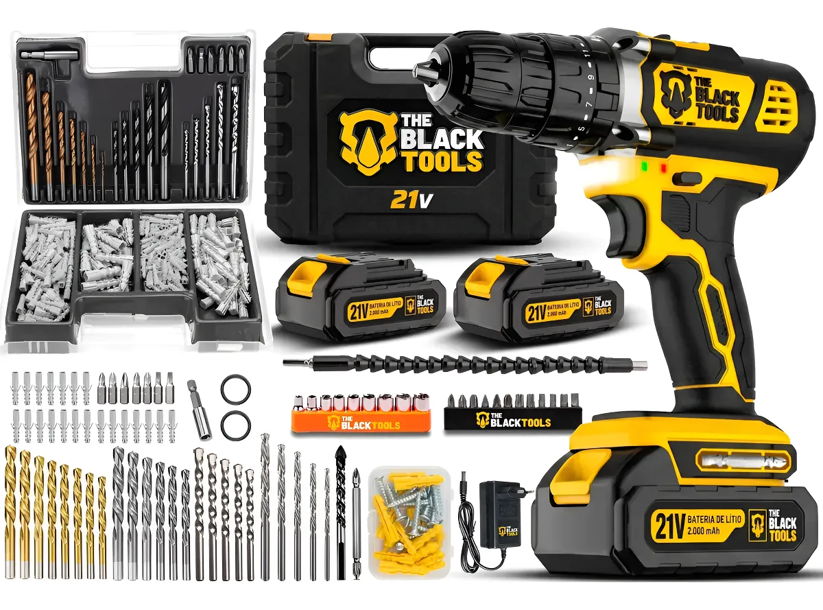 Furadeira De Impacto 3/8 Pol Bivolt E Jogo De Brocas 300 Pçs Preto E Amarelo Bivolt