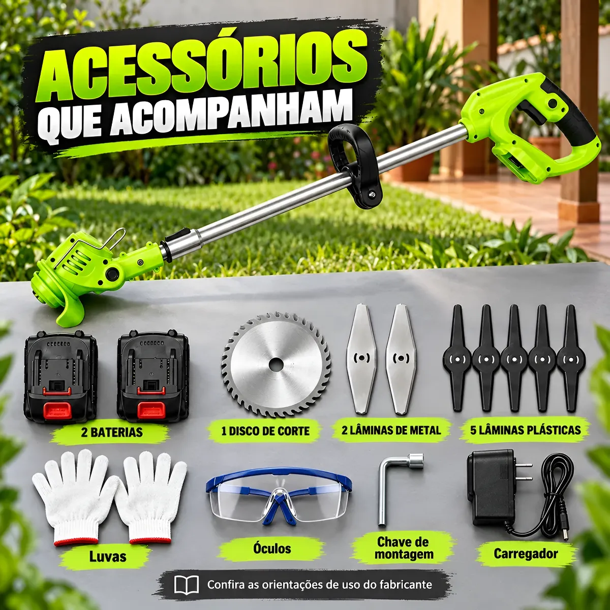 Roçadeira Aparador De Grama Sem Fio 2 Baterias Kit Completo 127/220v Verde-claro