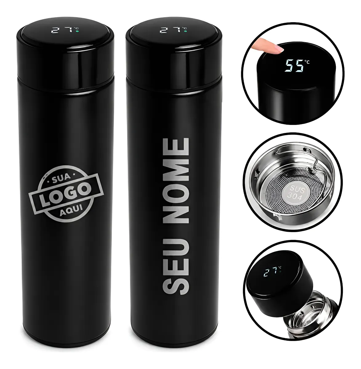 Kit 10 Garrafa Térmica Inox Personalizada Led Digital Brinde Preto
