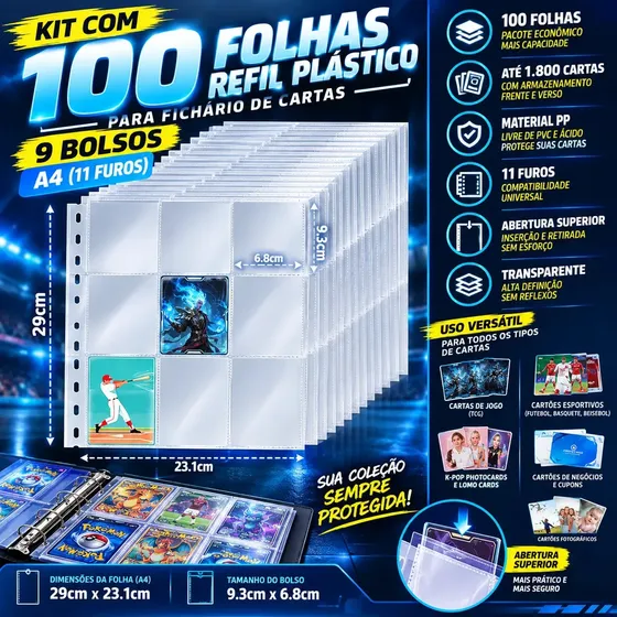 Folhas Plásticas A4 para Fichário Pokémon com 100 Unidades