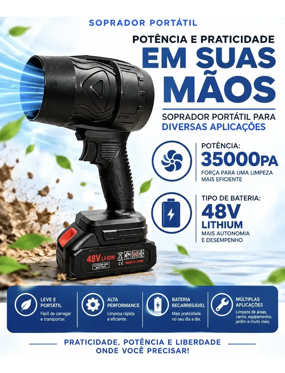 Soprador De Folhas Turbo Portátil Bateria 48v 3500pa Preto 127/220v