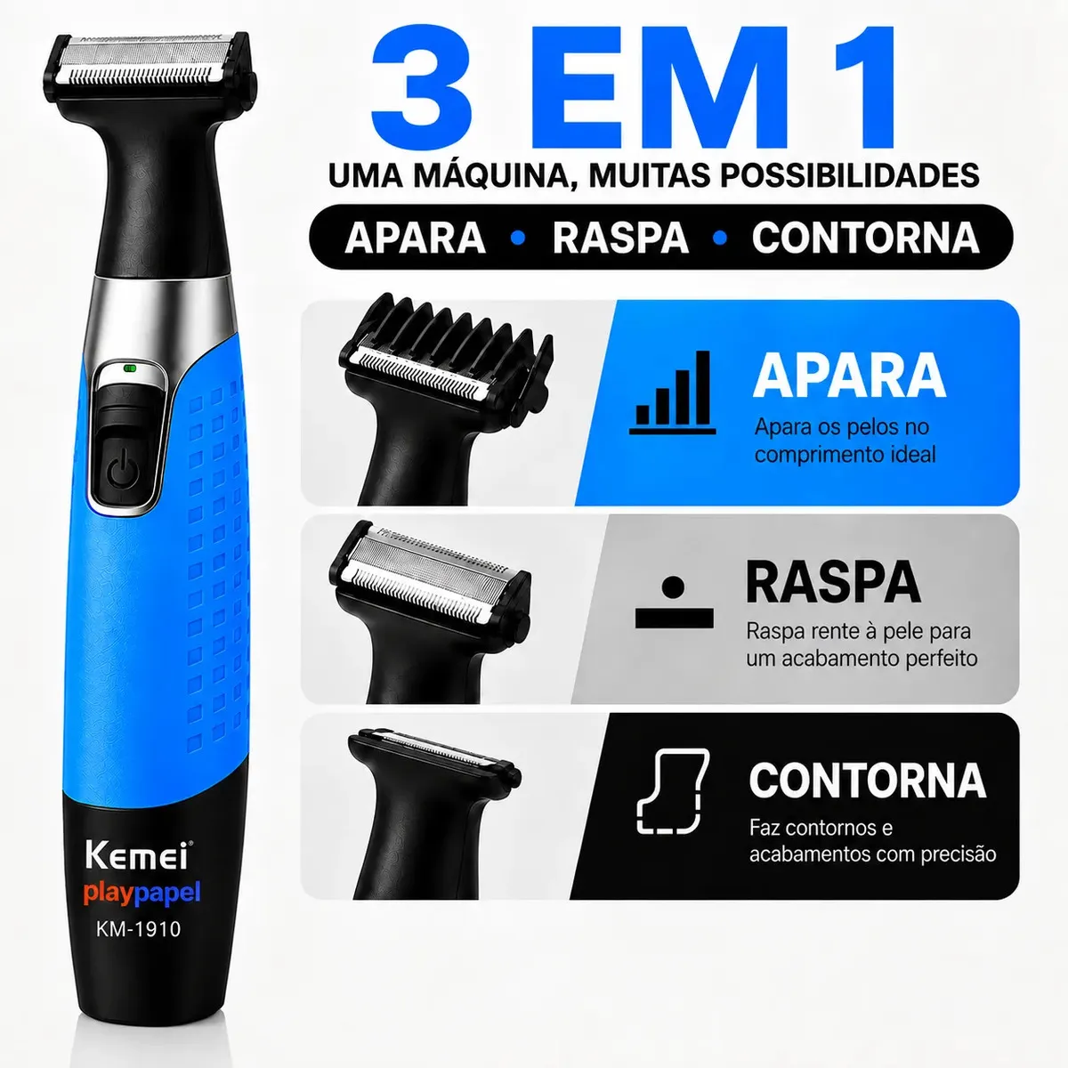Barbeador Aparador Elétrico Kemei KM-1910 4 Pentes Recarregável Sem Fio USB Depilador de Pelos Íntimos Corpo Masculino Feminino Resistente à Água Playpapel