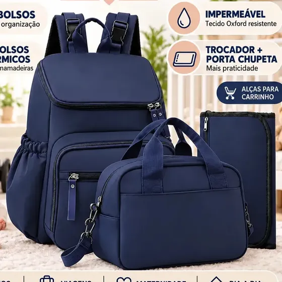 Mochila Maternidade NTESX com Trocador, Térmica e Impermeável Azul-Marinho