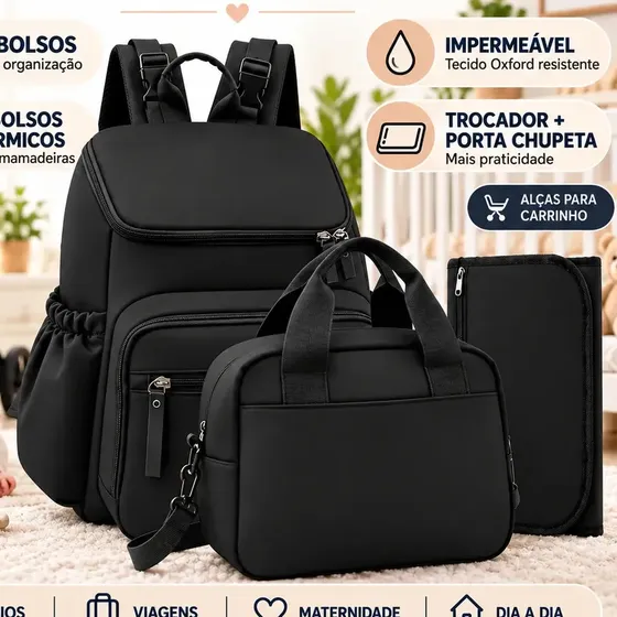 Mochila Maternidade NTESX Preta Impermeável com Trocador e Porta Mamadeira Térmico