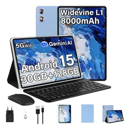 Tablet Android 15 Tablet 10 Polegadas Com Gemini Ai 30 Gb Ram+128 Gb Rom/tf 2 Tb,2.4G/5G Wi-fi,Octa-core 2.0 Ghz, 8000 mAh, Controlo parental Widevine L1,BT 5.0, Gps,com Capa Teclado E Mouse