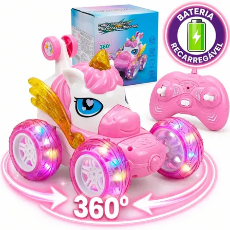Carrinho Unicórnio Maluco Controle Remoto Recarregável Leds Brinquedo De Menina Infantil Carro Gira 36 Rosa