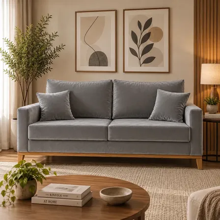 Sofá Luxo 3 Lugares 1,80m Veludo Nobre Cinza Confortável com 2 Almofadas Decorativas Pés de Madeira Ideal Para Sala, Escritório e Recepção