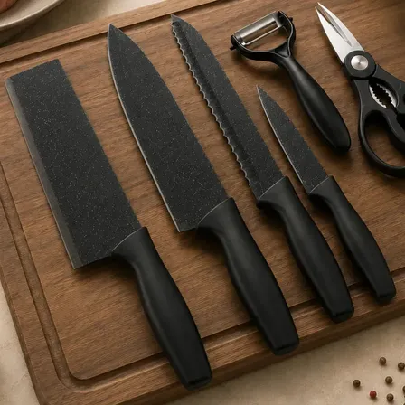 Jogo De Facas Conjunto Inox Kit 7 Afiador Preto Cozinha Premium Churrasco