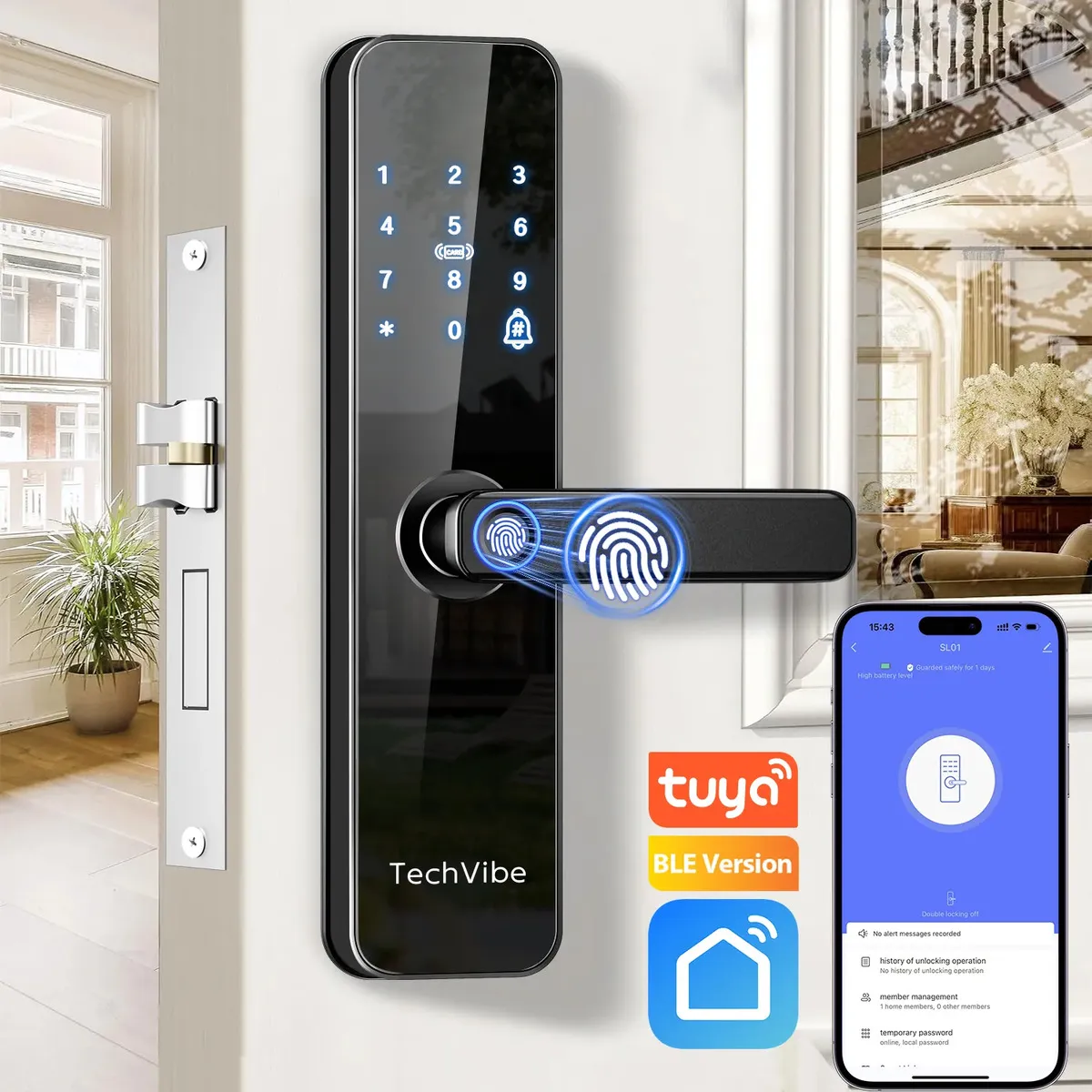 TechVibe Fechadura Digital Biométrica WiFi Tuya Smart RFID Antifurto Porta de Vidro Painel Reforçado 5 Formas de Abertura Controle Remoto Biometria Senha Cartão App Tuya