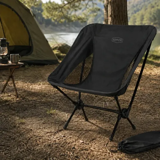 Cadeira Camping Dobrável Portátil Compacta para Pescar, Praia, Trilha, Viagens, Acampamento, Varanda, Parques e Lazer Suporta até 100kg - APFER (PRETA)