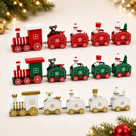 Trenzinho Enfeite de Natal de Madeira com 5 peças 1 Locomotiva + 4 Vagões Decoração Natalina Premium Encantadora Trem de Natal Verde - Petite Flô