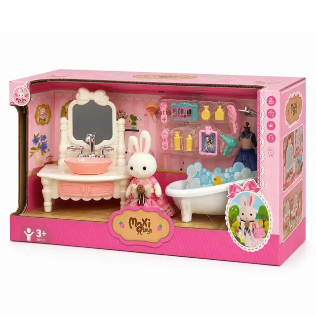 Casinha Boneca Coelho Brinquedo Infantil Mini Cenários Móveis Acessórios Coleção HopJoy Maxi Toys - Hora do Banho