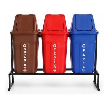 Kit 3 Lixeiras Coleta Seletiva 60l Com Suporte Santana Azul, Vermelho E Marrom