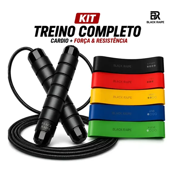 Kit Treino Black Raipe com Corda de Pular e 5 Faixas Elásticas de Resistência