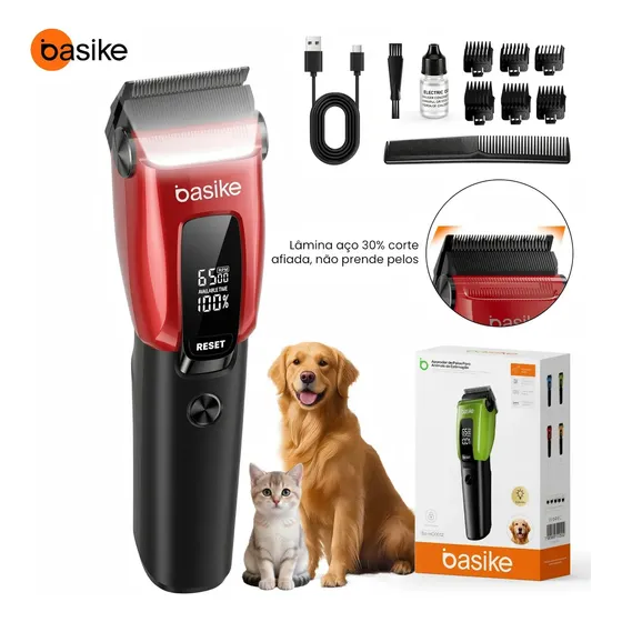 Máquina de Tosa Profissional Basike Sem Fio para Cães e Gatos, com Display Digital e 3 Velocidades
