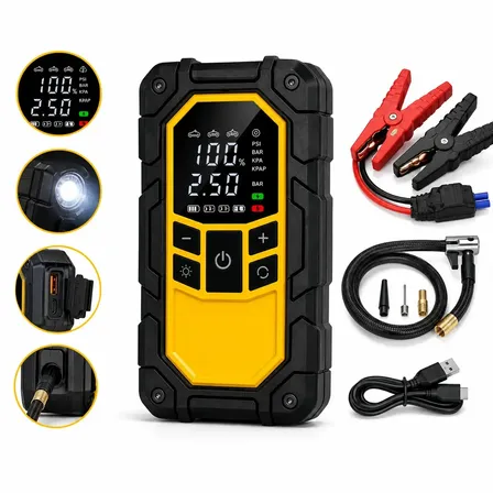 Auxiliar De Partida Veicular 12v 1500a Com Compressor De Ar 150 Psi, Bomba Calibradora Digital De Pneus, Power Bank 8000mah, Lanterna Led E Carregador Portátil Para Carro E Moto