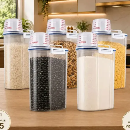 Pack 5 Potes Herméticos de 2.5 Litros para Cereais com Copo Medidor e Bico Dosador