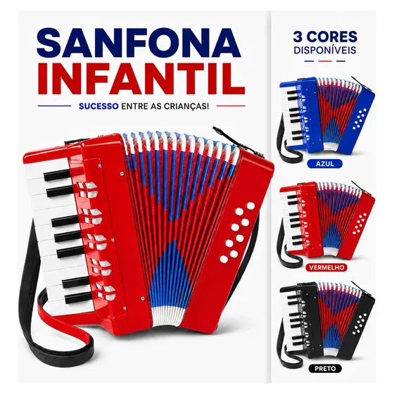 Gaita Sanfona Acordeão Iniciante 8 Baixos 17 Teclas Brinquedo Crianças Sanfona Infantil Brinquedo Musical Vermelho - Petite Flô