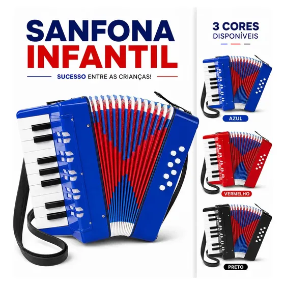 Gaita Sanfona Acordeão Iniciante 8 Baixos 17 Teclas Brinquedo Crianças Sanfona Infantil Brinquedo Musical Azul - Petite Flô