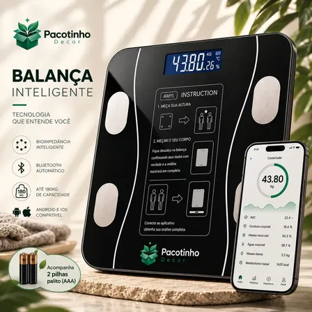 Balança Digital Smart Bioimpedância 180kg Bluetooth IMC Corporal App Android iOS Pacotinho Decor