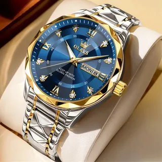 Relógio Masculino Olevs de Quartzo, Aço Inoxidável Prateado, Fundo Azul