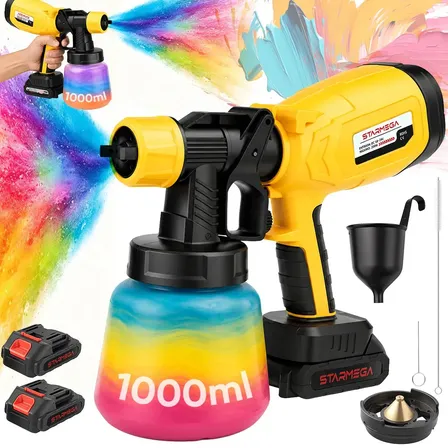 Pistola De Pintura Elétrica Sem Fio Pulverizadora Profissional 48V Com 2 Baterias, Reservatório 1000Ml, Regulagem De Spray, Anti‑Refluxo Portátil Para Reforma E Pintura