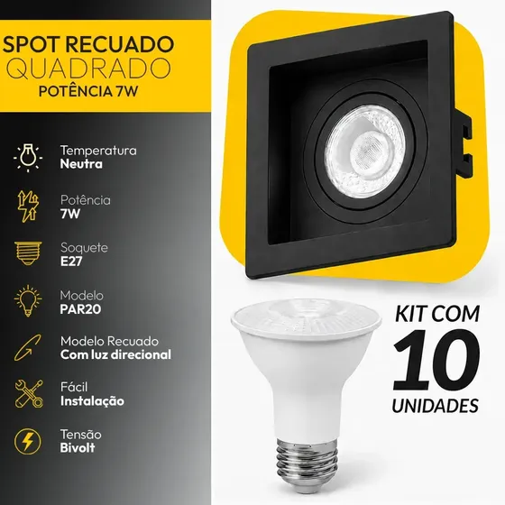 Kit 10 Spot Embutido Quadrado Recuado Par20 + Lâmpada Led 7w 4000k Branco Neutro E27 Preto
