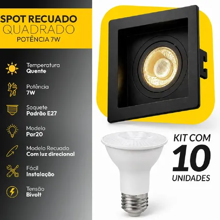 Kit 10 Spot Embutido Quadrado Recuado Par20 + Lâmpada Led 7w 3000k Branco Quente E27 Preto