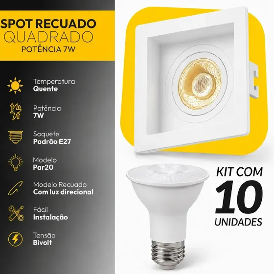 Kit 10 Spot Recuado Quadrado + Lampada Led Par20 7w 3000k Branco Quente E27 Branco Cod: ALUT-KC-00001 Alut By Avant