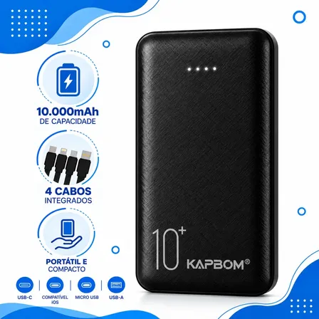 Power Bank 10000mah Carregador Portátil 4 Cabos Integrados Visor Digital Lanterna Led Usb Tipo C Compatível iPhone Samsung Xiaomi Android Bateria Externa Carrega 4 Dispositivos Preto/branco