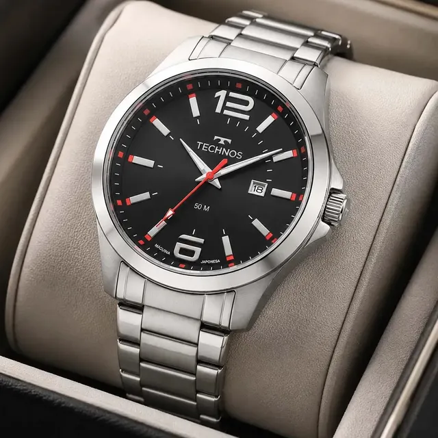 Relógio Masculino Technos Racer Grande 46 Milímetros Aço Inoxidável Analógico Prateado Mostrador Preto Detalhes em Vermelho Performance Calendário Prova D'Água 50m 2115GUS1R
