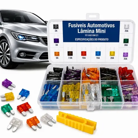 Fusível Lâmina Mini Automotivo Kit 121 Pçs 2A a 35A Carro Moto Estojo + Extrator