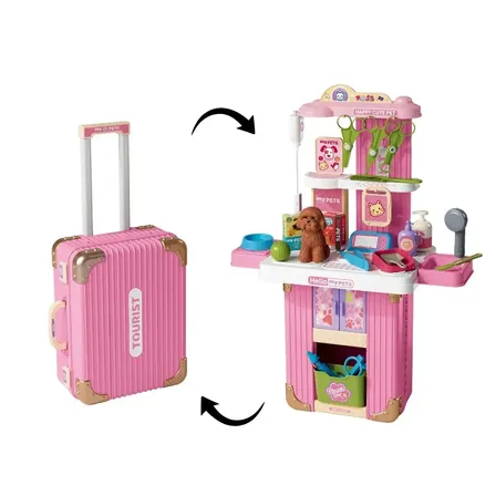 Brinquedo Pet Shop Veterinário Mala Viagem Bancada Com Rodinhas 35 Peças Menina Maxi Toys