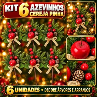 Kit 6 Pick Azevinho Galho Cereja Pinha Palito Natalino Enfeite Decoração Árvore de Natal LuvinCo