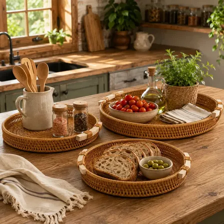 Kit 3 Bandejas Redondas de Palha com Alça Madeira para Servir Café Frutas Decoração