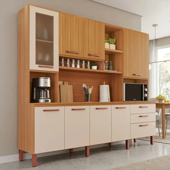 Armário De Cozinha Diana 100% Mdf Tuboarte Cor Freijó Off White Canelado