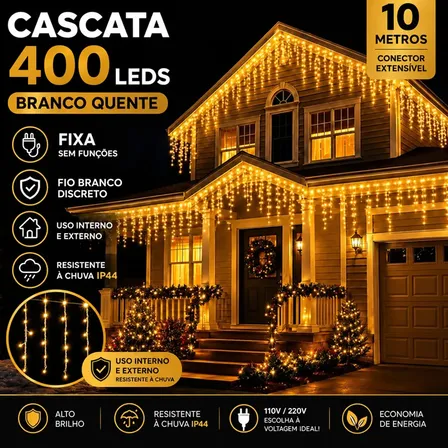 Cascata Natal Luz Fixa 400 Leds 10 Metros Branco Quente Extensível Macho Fêmea A Prova D'agua área interna e externa LARUNO