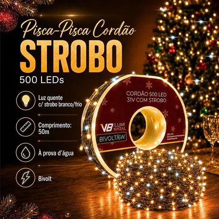 Cordão Strobo 500 Leds 50m Natal Pisca Pisca a Prova D água Bivolt Blindado Branco Quente 100 Flash Frio