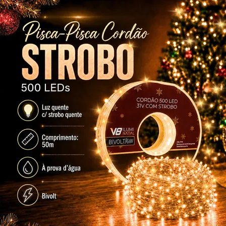 Pisca 500 Leds Cordão 50m Natal Branco Quente Flash Quente Bivolt a Prova Dágua Blindado Interno Externo Natalino Flash 110/220v