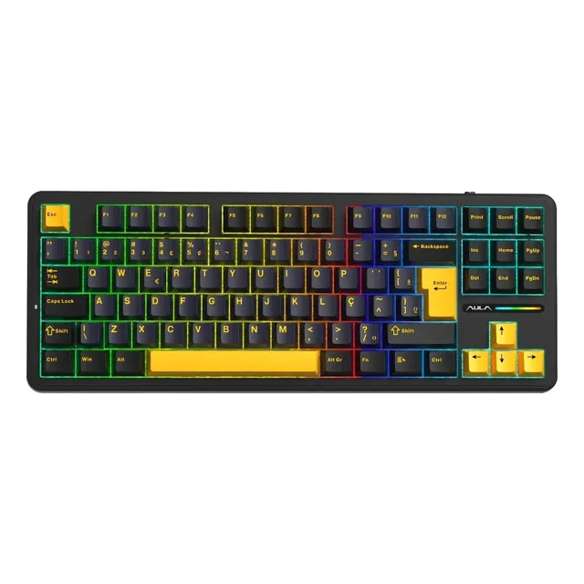 Teclado Mecânico Aula F87 Sem Fio Wireless Bt Hotswap Abnt2 Preto/amarelo Português Brasil