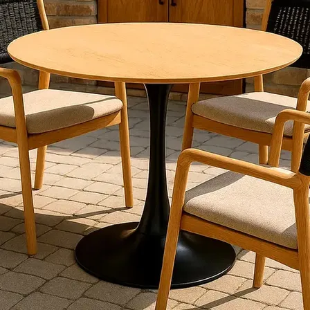 Mesa Jantar Redonda Tulipa 80cm Base Aço Tampa Madeira Pés Preto
