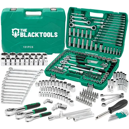 Jogo De Ferramentas Soquetes Encaixe 1/4 E 1/2 Pol. Catraca Reversível Aço Crv 151 Peças Maleta Tks151 The Black Tools Verde