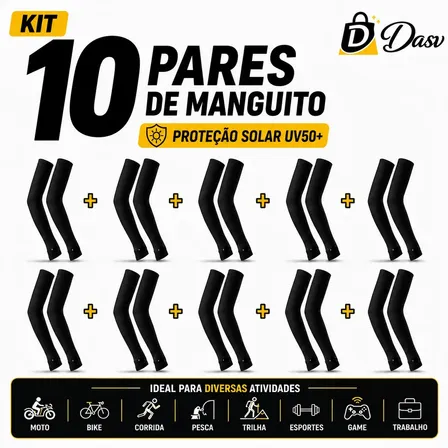 Conjunto Kit 10 Pares Manguito Proteção Solar Moto Manga Bike Motocicleta Futebol Braço Esporte Volei Pesca Trilha Único Preto DASV