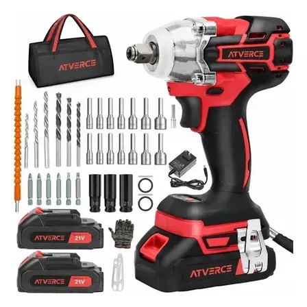 Chave De Impacto A Bateria 21v Parafusadeira Eletrica Sem Fio Motor Brushless 1/2 Polegada 450 Nm Torque De Alto Desempenho Com Maleta Soquete E Acessorios Para Oficina Auto Atverce Bordô