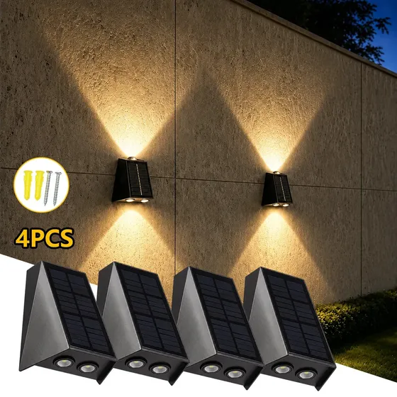 Kit com 4 Arandelas Solares de Parede LED para Jardim, Luz Quente de 3 Feixes